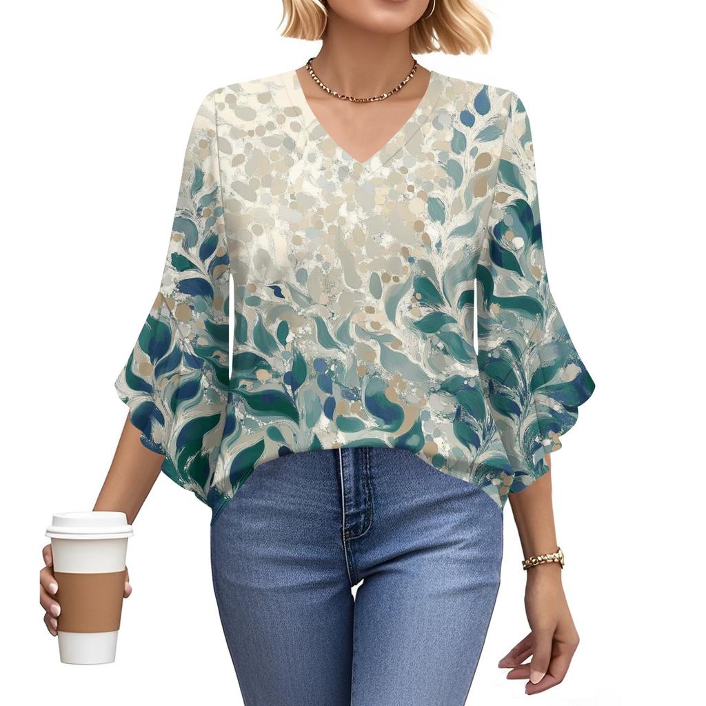 Blouses For Women Dressy Casual 3/4 Length Sleeve Womens Tops V Neck Tshirts Shirts With Flared Sleeve