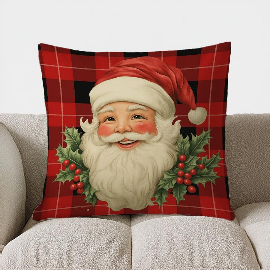 Home Decor Santa Claus Plaid With Holly Pillow Cover Pattern Cushion Cover Suitable For Sofa Bedroom Car Pillow Cover