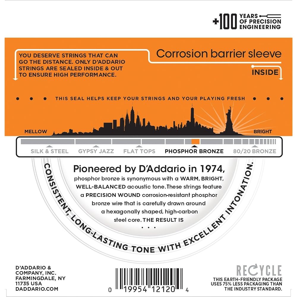 D'Addario Daddario Acoustic Guitar Strings Phosphor Bronze .009-.045 12 Strings Extra Light 10 Se...
