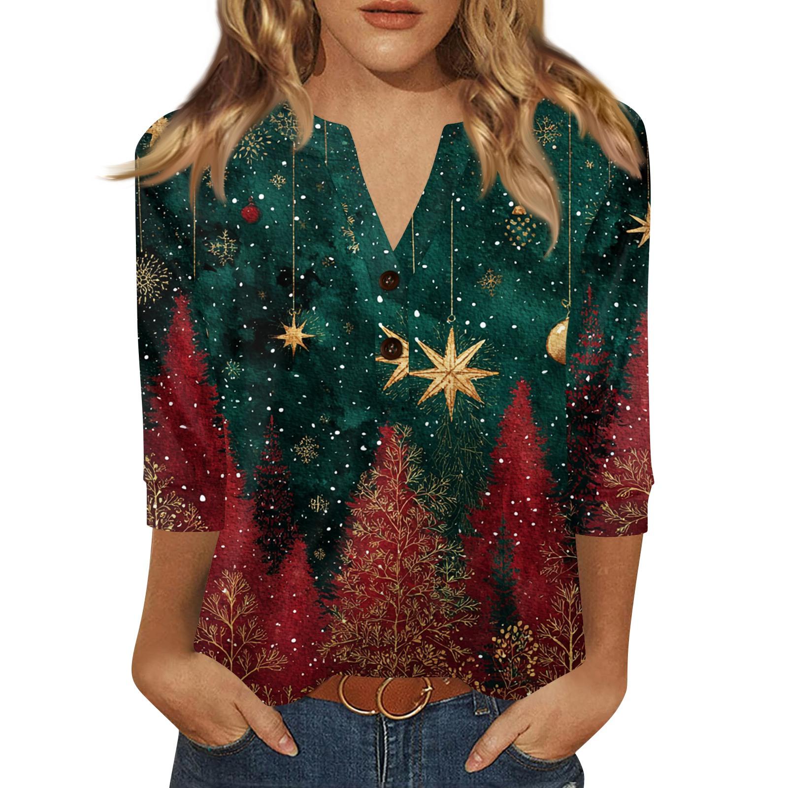 

Женская футболка с рождественским принтом, на пуговицах, рукав 3/4, повседневная, выходного дня, модная, базовая, с V-образным вырезом, стандартный топ XXL