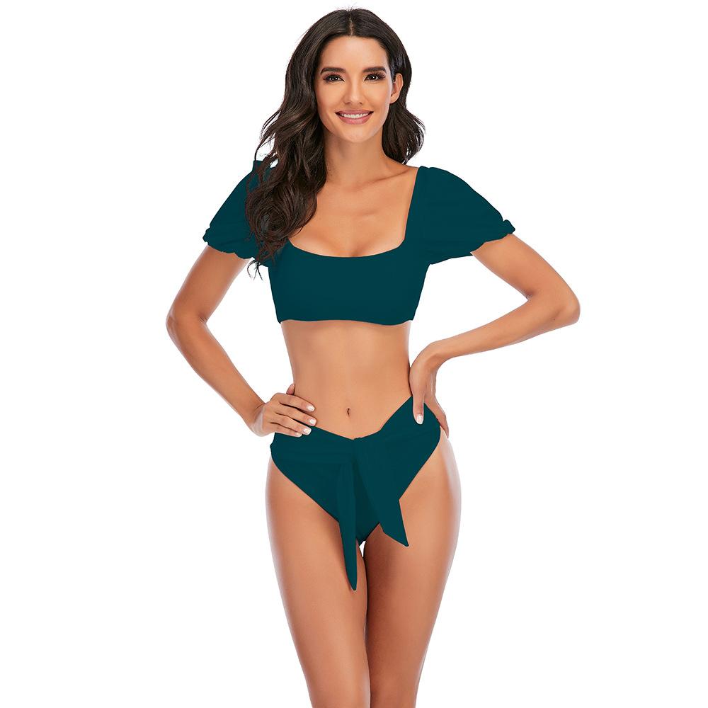 Women bubble sleeve bikini one neck swimsuit solid color sexy backless high elastic high waist tied bikini swimsuit