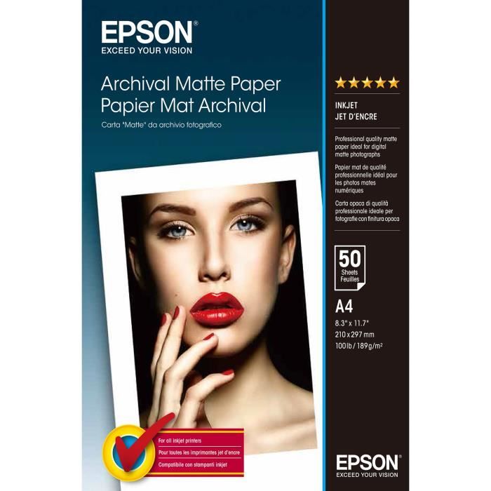 EPSON Papier De 50 Feuilles Mat Archival - A4 189g/m² - 21x 29,7 Cm - Blanc - Compatible : WorkForce Pro WF-C5790DWF ...