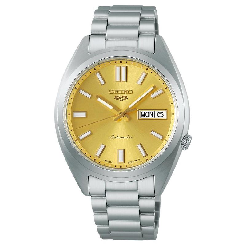 

SEIKO seiko5 100 meters waterproof automatic/manual mechanical movement Steel Strap 37.4mm men s watch gold dial SRPL59K1