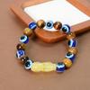 Natural Tiger Eye & Amber Pixiu Charm Bracelet, 10mm Beaded with Evil Eye Protection
