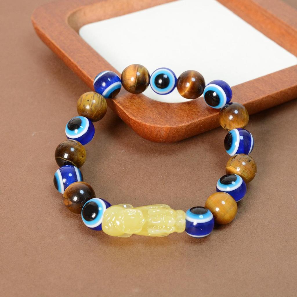 Natural Tiger Eye & Amber Pixiu Charm Bracelet, 10mm Beaded with Evil Eye Protection