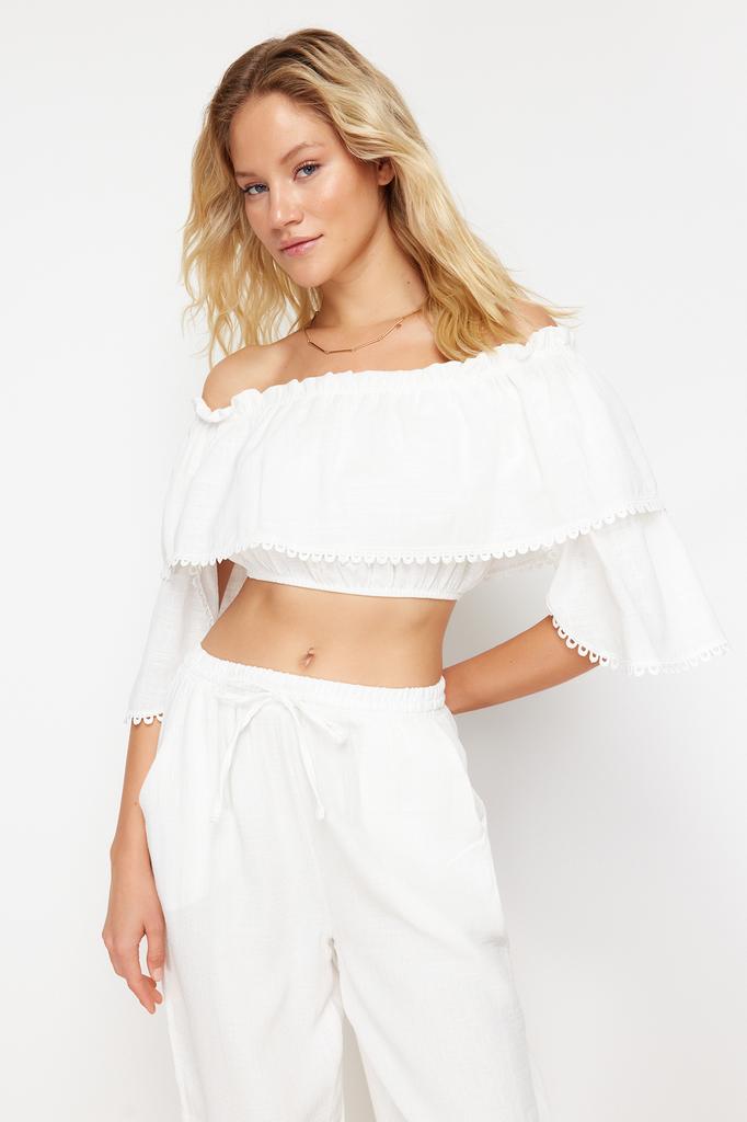 Women's Fashion New Blouse Black Crop Woven Flounce Blouse