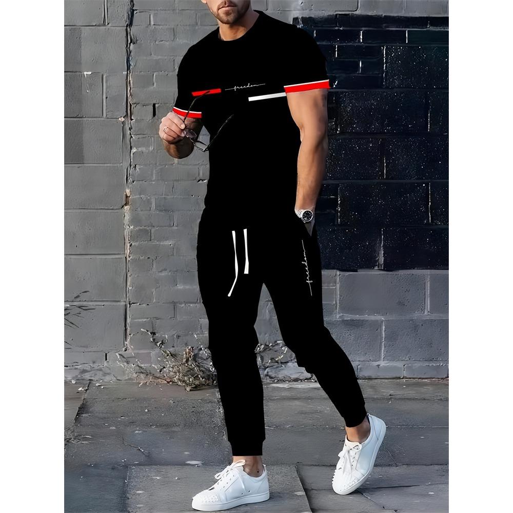 Color Block Letter Men's Set, Three-color Patchwork Short-sleeved Shirt And Long Pants, Simple And Casual