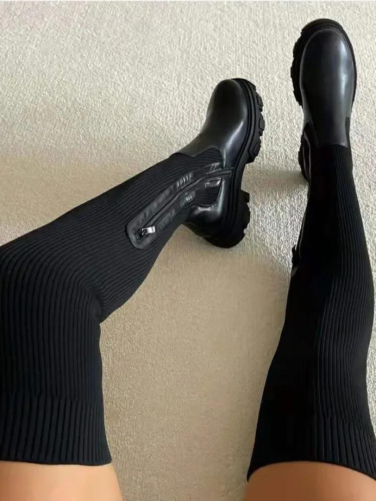 Fashion Women Thick Sole Boots 2024 Autumn Winter Breathable Knitting Sock Ladies Thigh High Boots Stretch Round Toe Shoes Plus Size 43