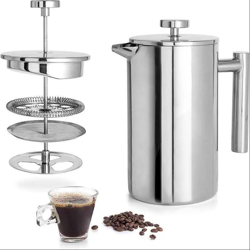 304 Stainless Steel Insulated French Press with Double-Layer Filter, Large Capacity Coffee Pot & Milk Frother