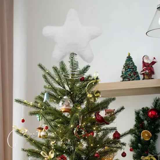 Christmas Tree Topper Plush Star Decoration Xmas Five-Pointed Star Tree Topper with Spring for Holiday Tree Decoration
