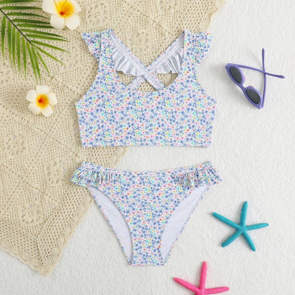 Girls Two Piece Swimsuit Set Floral Print Ruffle Trim Tankini Top and Bikini Bottom Swimwear for Kids Summer Beach Pool