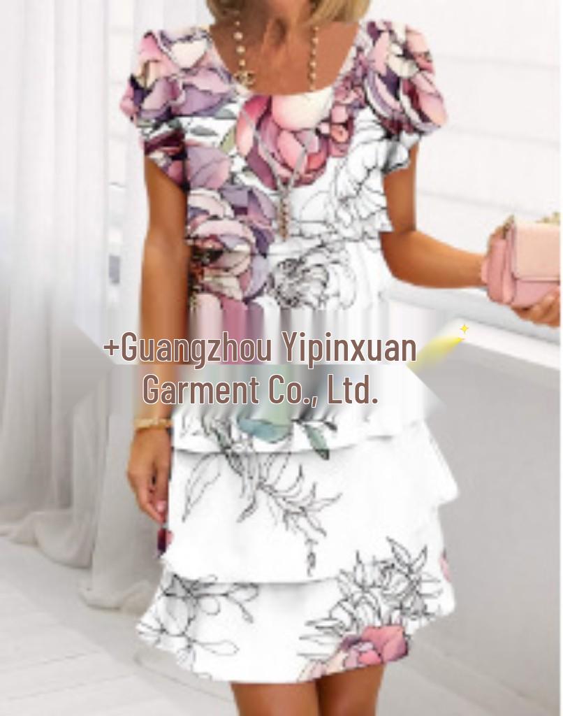 European and American 3D Print Short Sleeve Chiffon Dress