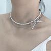 South Korea Dongdaemun New Double-layer Pearl Necklace High-end Niche Leather Bow Collarbone Chain Neck Chain