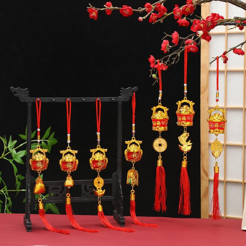 Lunar New Year Lucky Hanging Ornament with Red Tassel Golden Charm Festive Portable Decor for Travel Hotel Room Spring Festival