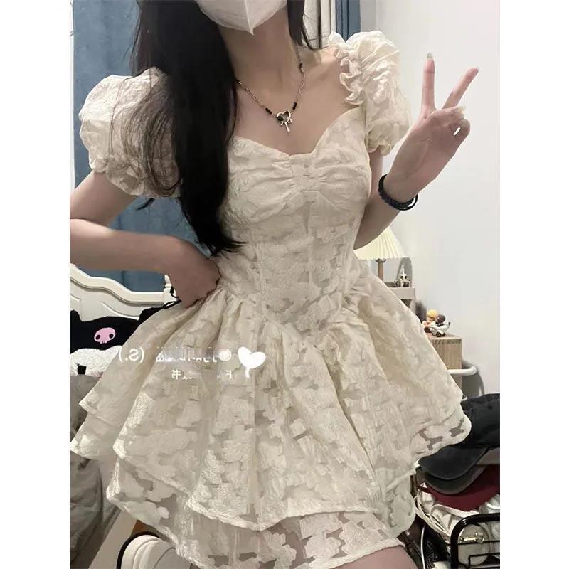 Summer new jacquard doll skirt bubble sleeve dress retro college style sweet splicing square neck princess dress