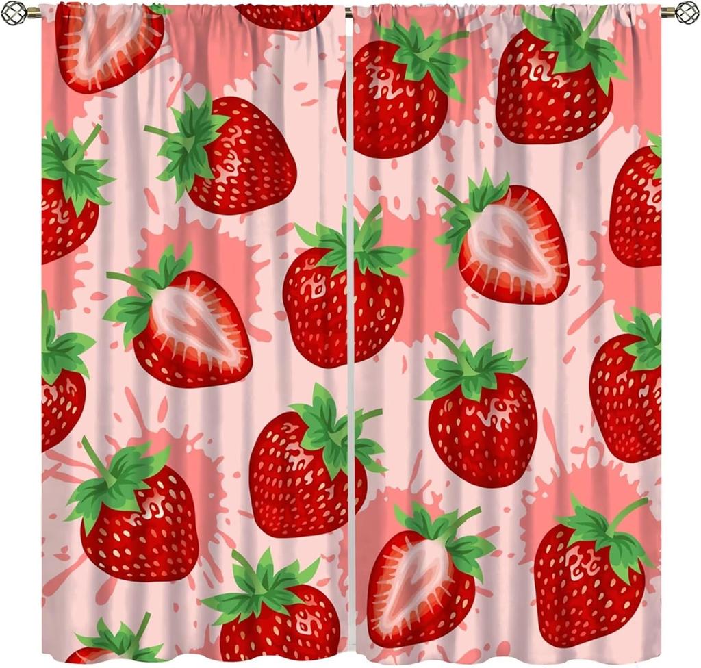 Erdbeer Frucht Blume Niedliche Vorhänge Groovy Funky Trendige Blumenbedruckte Stangentasche Fensterbehänge für Mädchen Schlafzimmer Wohnzimmer