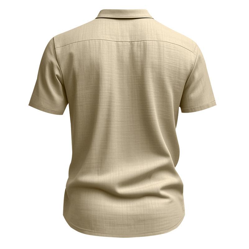 Summer Solid Color Linen Men's Shirt Turn-Down Collar Short Sleeve Tops Men's Loose Pocket Button Cardigan Casual Shirt