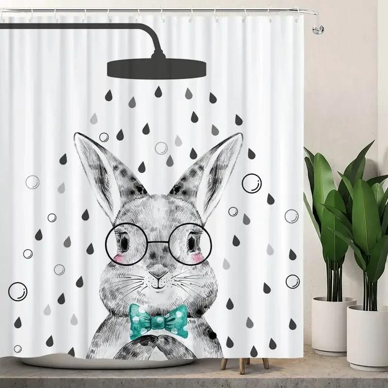 Happy Easter Bunny Shower Curtain Funny Rabbits Pink and Blue Eggs Bath Curtain Polyester Fabric Waterproof Bathroom Curtain Set