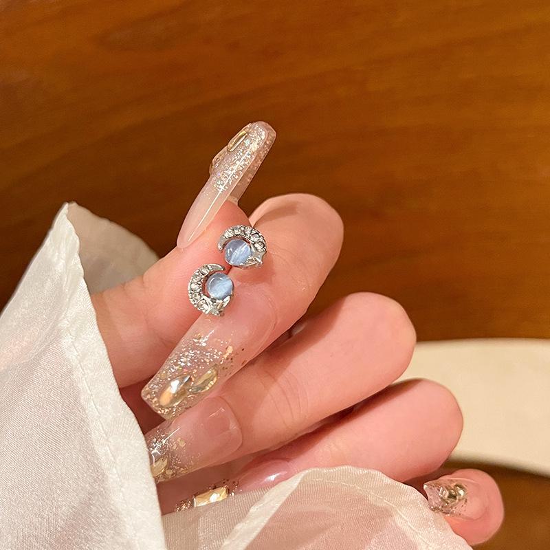 Blue Cat's Eye & Bow S925 Silver Needle Moon Star Earrings - Chic & Versatile Design for Women