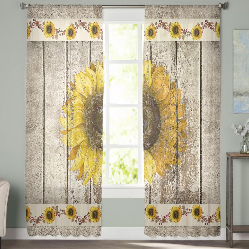 Farm Sunflower Vintage Wood Rustic Tulle Sheer Window Curtains for Living Room Kitchen Children Bedroom Voile Hanging Curtain