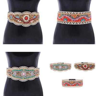 Bohemian Stretch Waist Belt Waistband with Ethnic Bead Accent Adjustable Wide Cinching Band for Dresses and Skirts