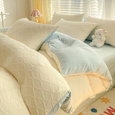 Ensemble quatre pièces en coton lavé, Housse de couette et drap simple, Ensemble trois pièces en pur coton uni pour dortoir