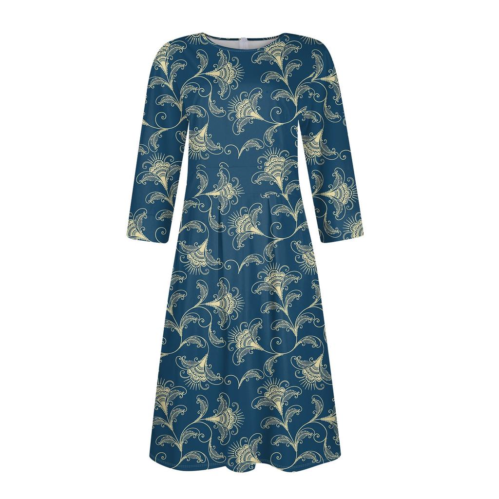 Lässiges und modisches Kleid für Damen mit Blumenmuster, 3/4-Ärmeln, Tasche und Reißverschluss auf der Rückseite