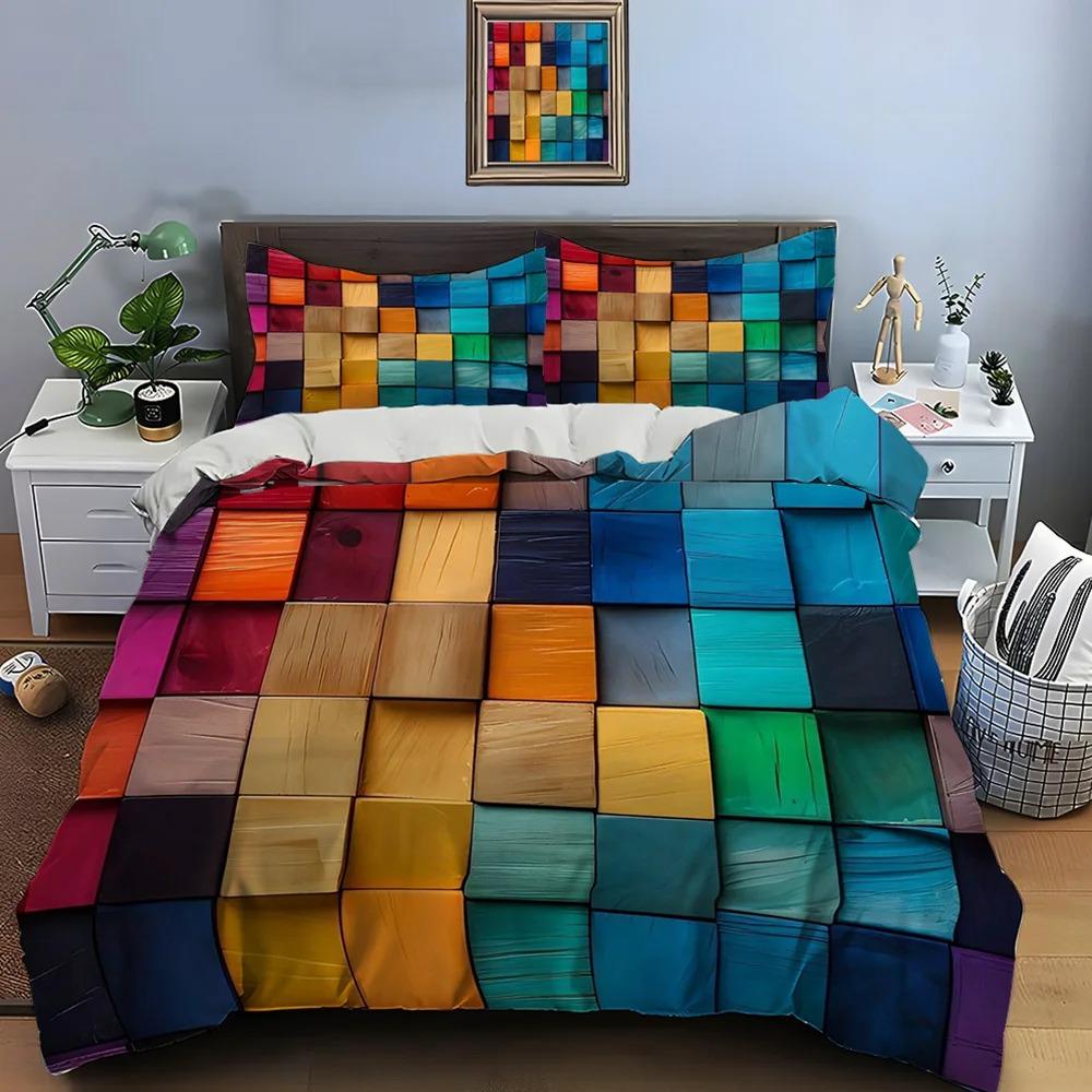 3D Honeycomb Square Gradient Color Print Bedding Set Duvet Cover 1 Duvet Cover 2 Pillowcases Adult and Boys Bedding Set Luxury