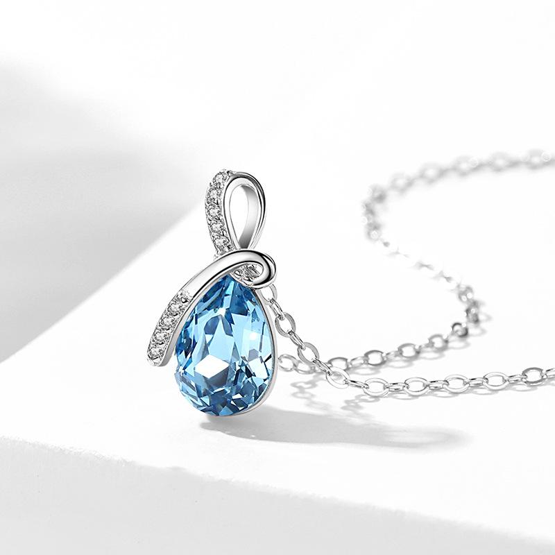 Sterling Silver S925 Bamboo Ribbon Water Drop Pendant Necklace Trendy Gift синий