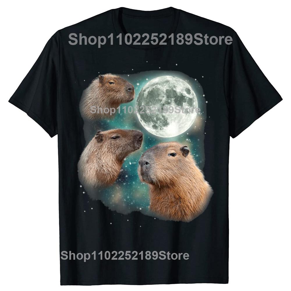 3 Capybara Moon Weird Howling T Shirt Funny Cute Animal Unisex Classic Short Sleeves Tee Shirt Fashion Casual Streetwear Tops
