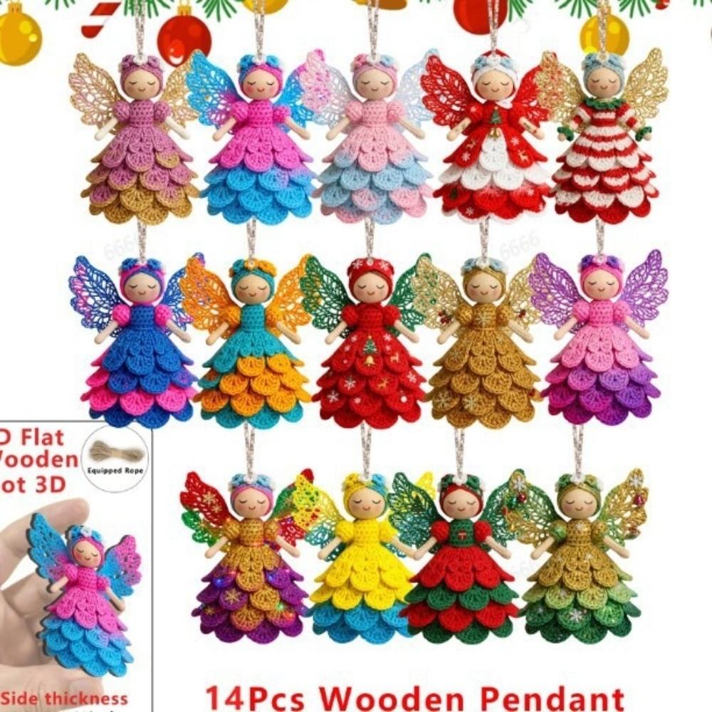 14/28 pcs Wooden Christmas Tree Ornaments Colorful Design Wings Girl Pendant  Christmas Gift Giving
