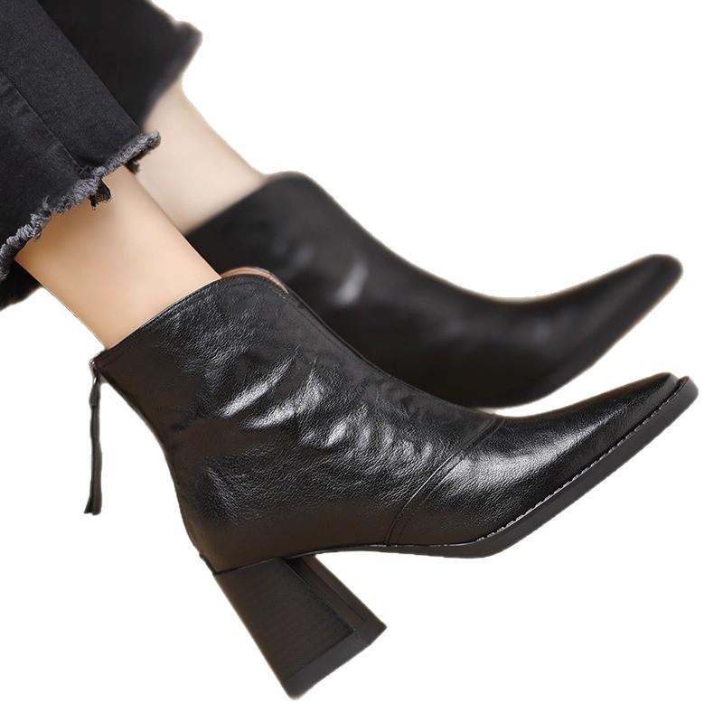 Neue Herbst-Übergrößen-Stiefel mit hohen Absätzen - Damen-Plateau-Stiefel im Retro-Stil mit eckiger Spitze und Reißverschluss