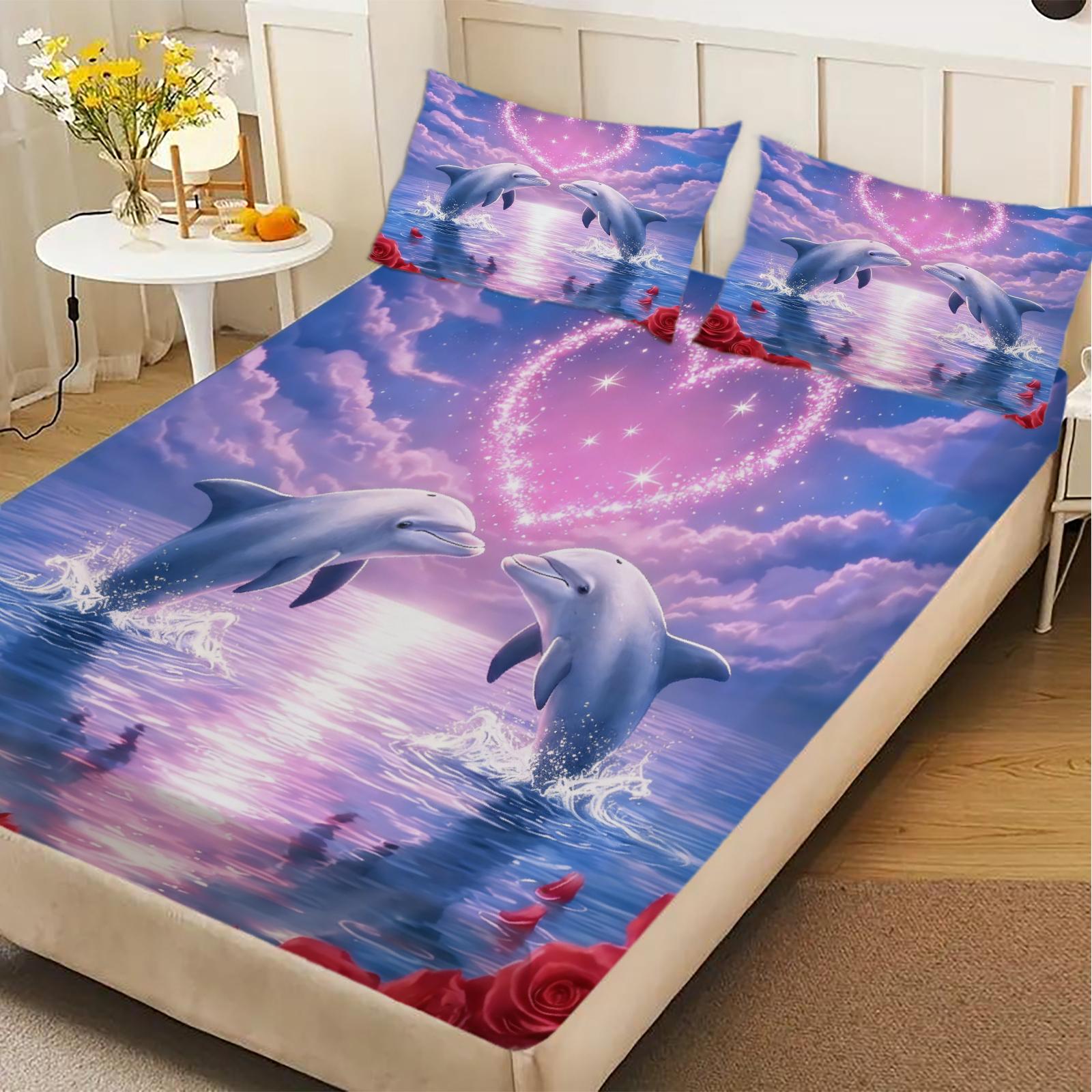 

Dolphin Love Heart Print Fitted Sheet Set Purple Blue With Roses And Dolphins Pattern With Pillowcases For Bedroom Decor 99x190x25cm