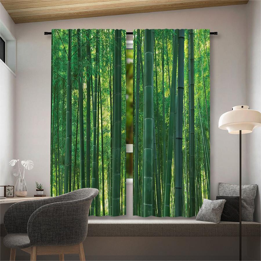 2 Stück Vorhänge mit grünem Bambuswald-Druck, Stangentaschenvorhänge, Schlafzimmer und Wohnzimmer, Heimdekoration, Raumdekoration