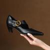 Fashion 2025 New Genuine Leather Women Pumps Shallow Mary Jeans Strap Single Shoes 5cm Square High Heels Black Prom Party Sapatos Mujer