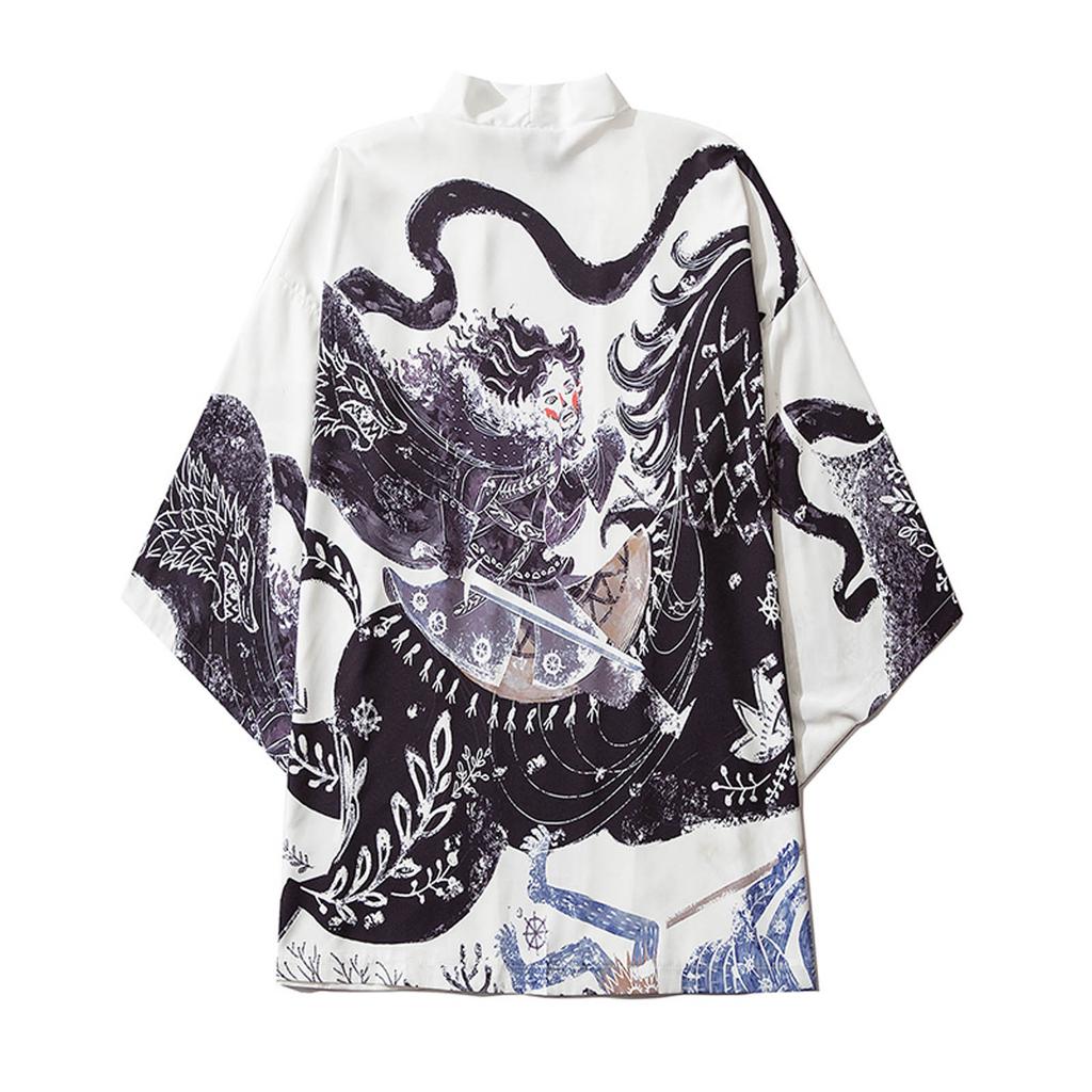 Men's Casual Loose Open Front 3/4 Sleeve Japanese Print Cover Up Cardigan