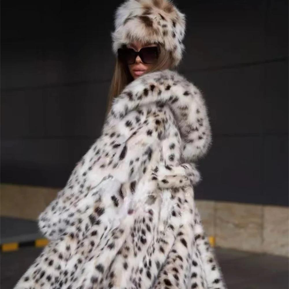 S-2XL Inverno Caldo Lungo Peluche Soprabito Donna Finta Pelliccia di Volpe Nero Bianco Pois Leopardo Cardigan Donna Spesso Giacca a Vento Cappotto Con Cappello
