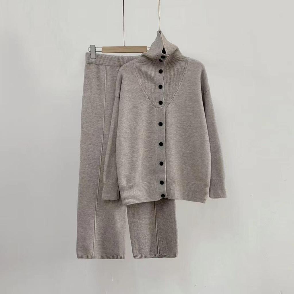 Korean Casual Knit Sweater & Wide-Leg Pants Two-Piece Set for Women