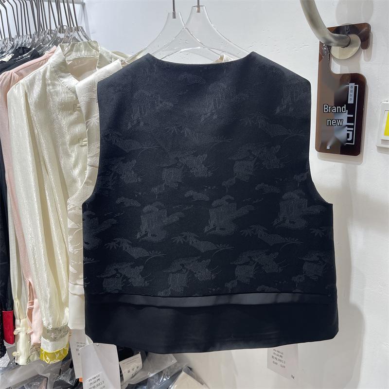 

Весна 2024 Ретро Китайский Жилет с Жаккардовым Узором и Застежкой-Лягушкой - Женский Топ без Рукавов со Стойкой Large чёрный