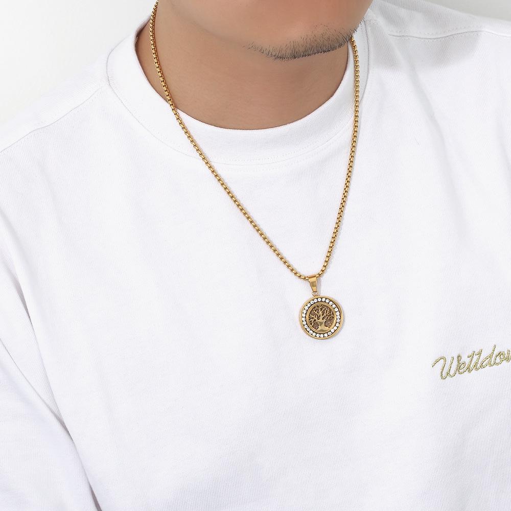 18K Gold Electroplated Cross & Round Zirconia Pendant Necklace - Stainless Steel Lucky Tree Design for Women