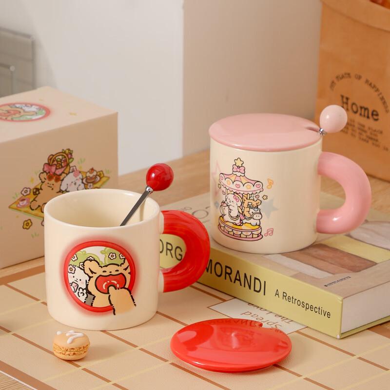 OLOEY Cartoon Puppy Ceramic Mug with Lid and Spoon