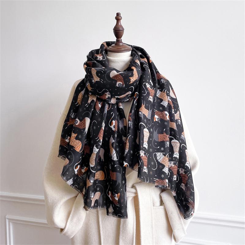 Autumn and Winter Travel Warm Cashmere Shawl Scarf Fashion Women Cat Print Pashmina Blanket Wraps Female Cute Poncho Bufand