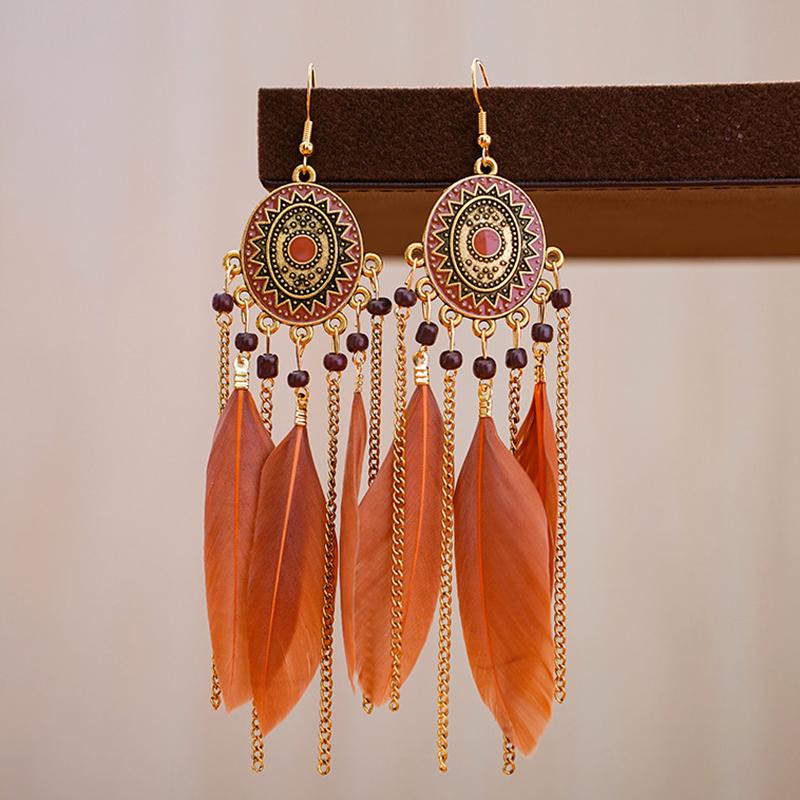 Modische Böhmische Bunte Federohrringe für Damen Ethnischer Stil Lange Geometrische Ohrringe Damen Schmuck Accessoires Geschenk