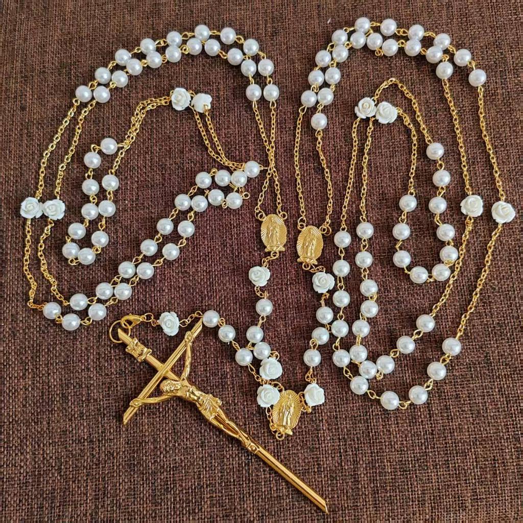 8mm Beige Color Glass Imitation Pearl Bead Wedding Rosary Guadalupe Center Big Gold Cross