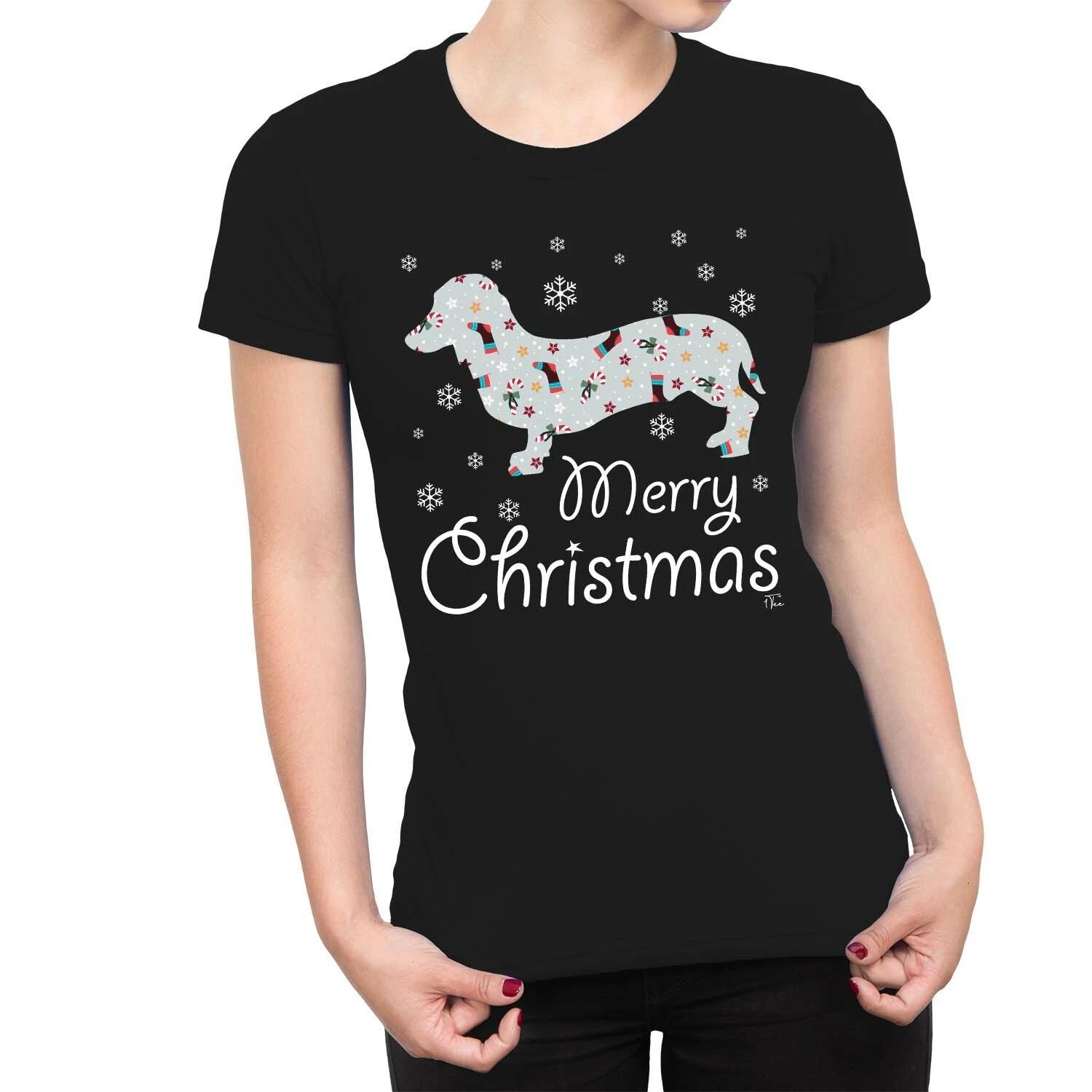 1Tee Womens Christmas Dachshund Silhouette with Merry Christmas T-Shirt XS