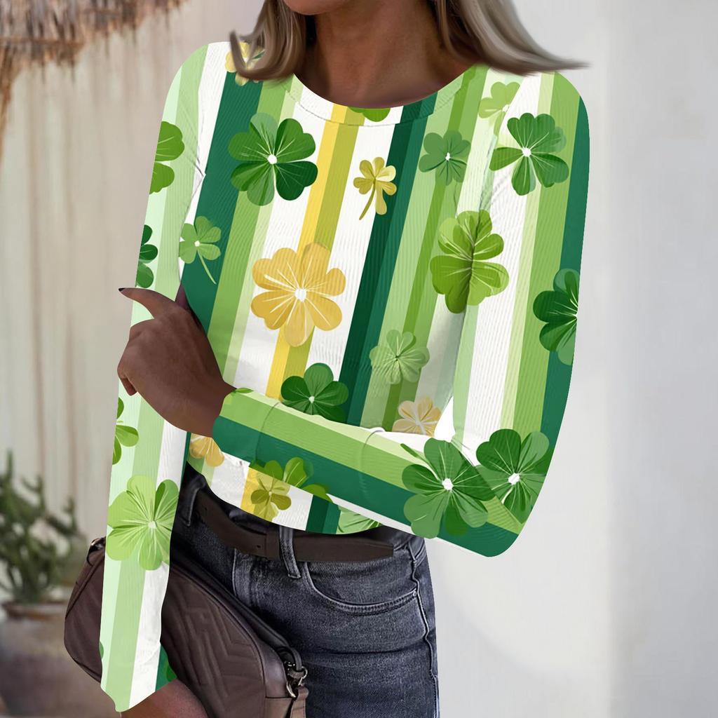 Women's Casual Fashion Round Neck St. Patrick's Day Print Long Sleeve Ribbed Top