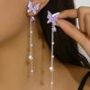 Purple Rhinestone Butterfly Tassel Earrings for Women Imitation Pearl Beads Pendants Thread Long Hainging Earring Brincos