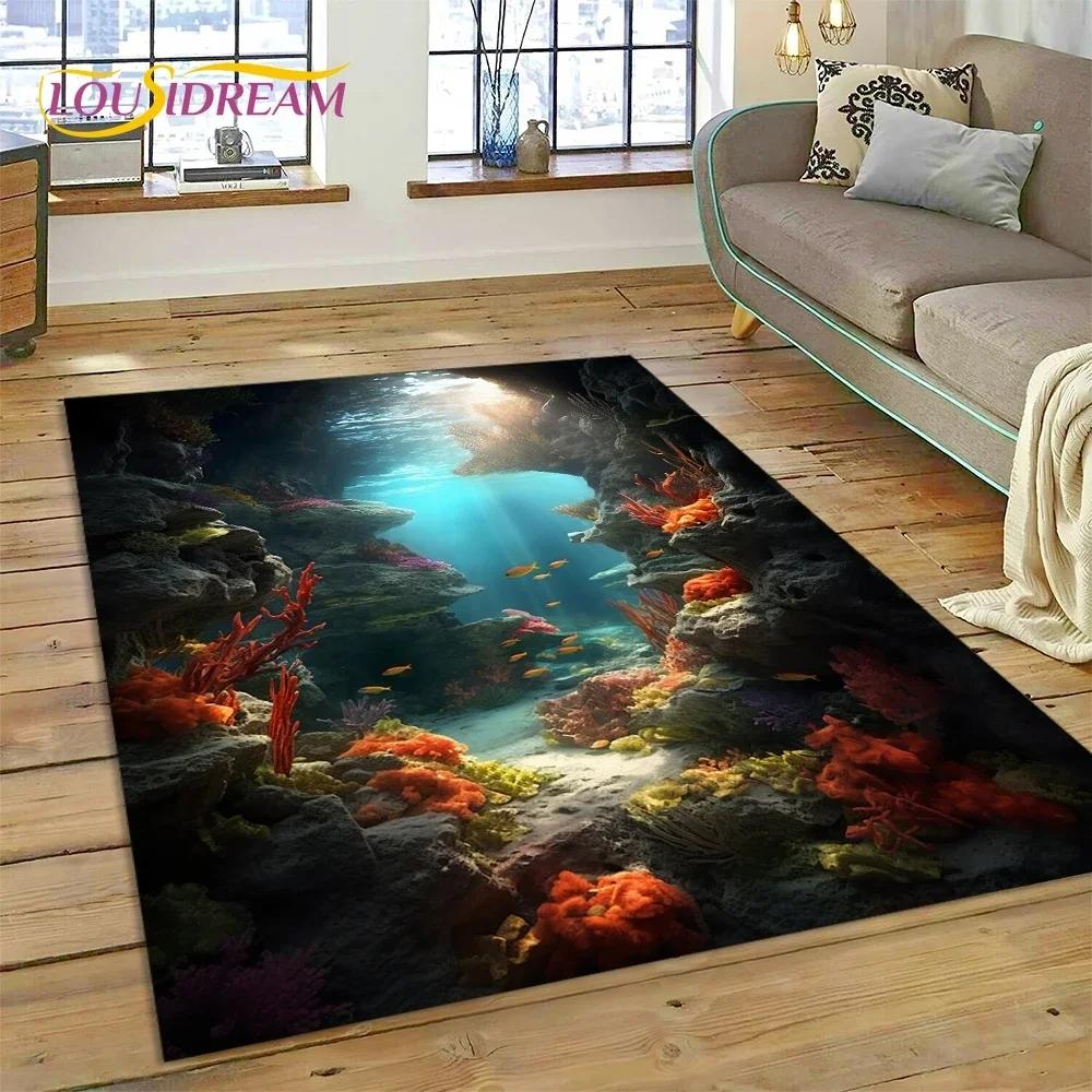 Tappeto Moquette 3D Mondo Sottomarino Fondale Marino Delfino Cartone Animato per Camera da Letto Soggiorno Decorazione Casa Divano, Bambino Grande Decor Tappetino Pavimento