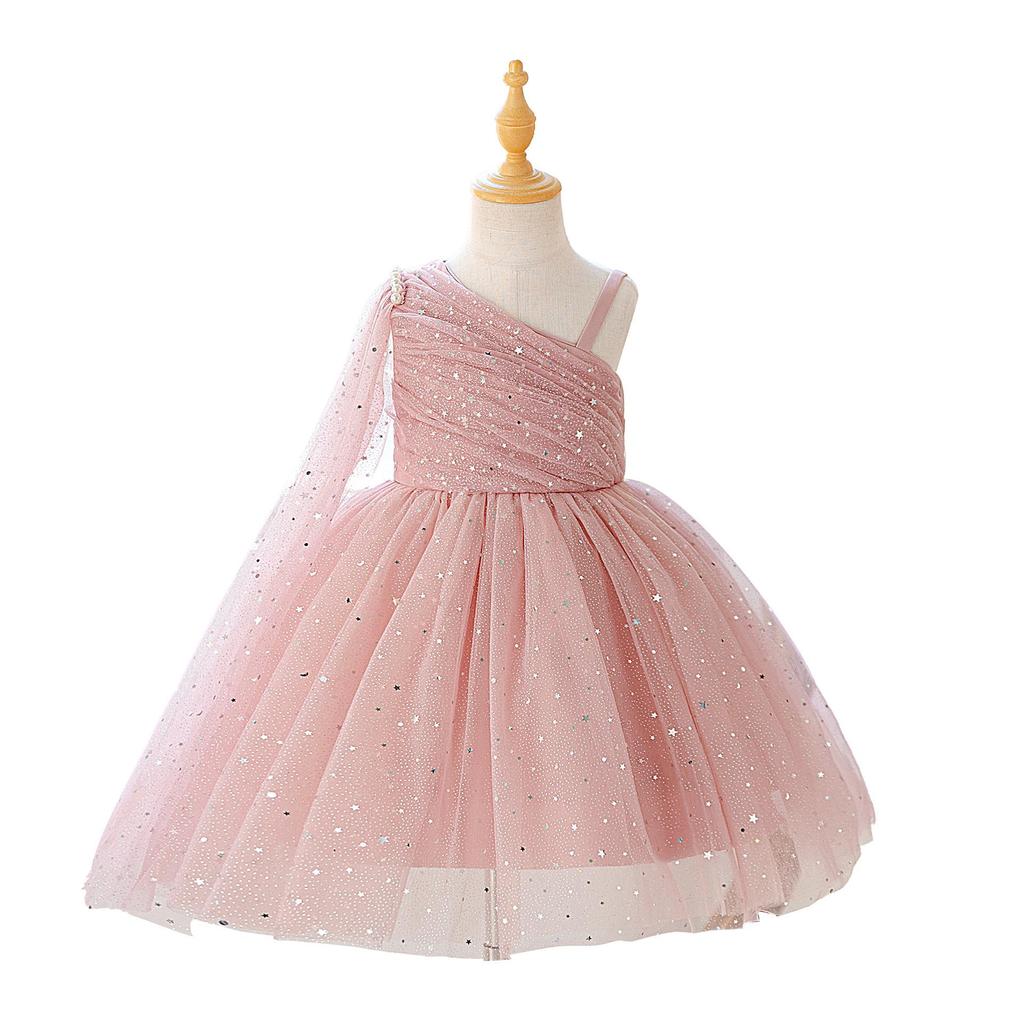 European & American One-Shoulder Sequin Princess Dress for Kids - Evening Mesh Puffy Skirt