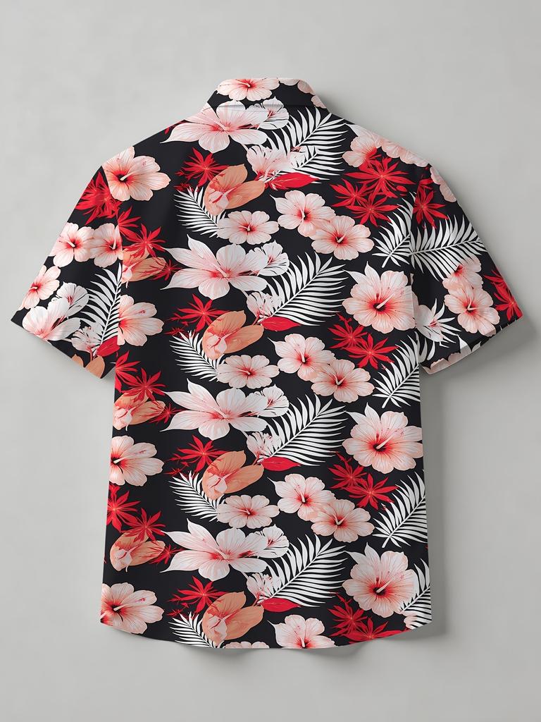 Printed Design – Not Textured, New Summer Men's Hawaiian Style Short-Sleeve Shirt, Black with Red Hibiscus Flower Print, Breathable Casual Shirt, a